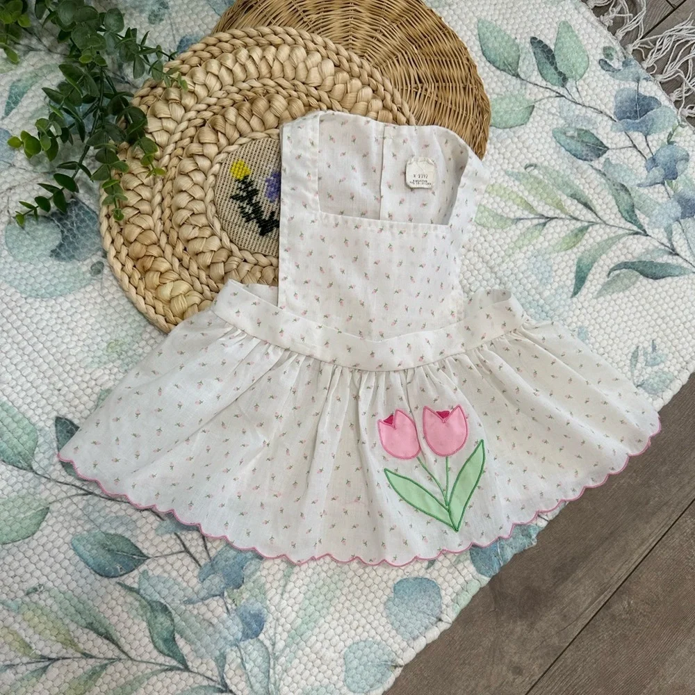 Vintage Baby Girl Delicate White Pink Tulip Floral Jumper Dress Size 9 Months